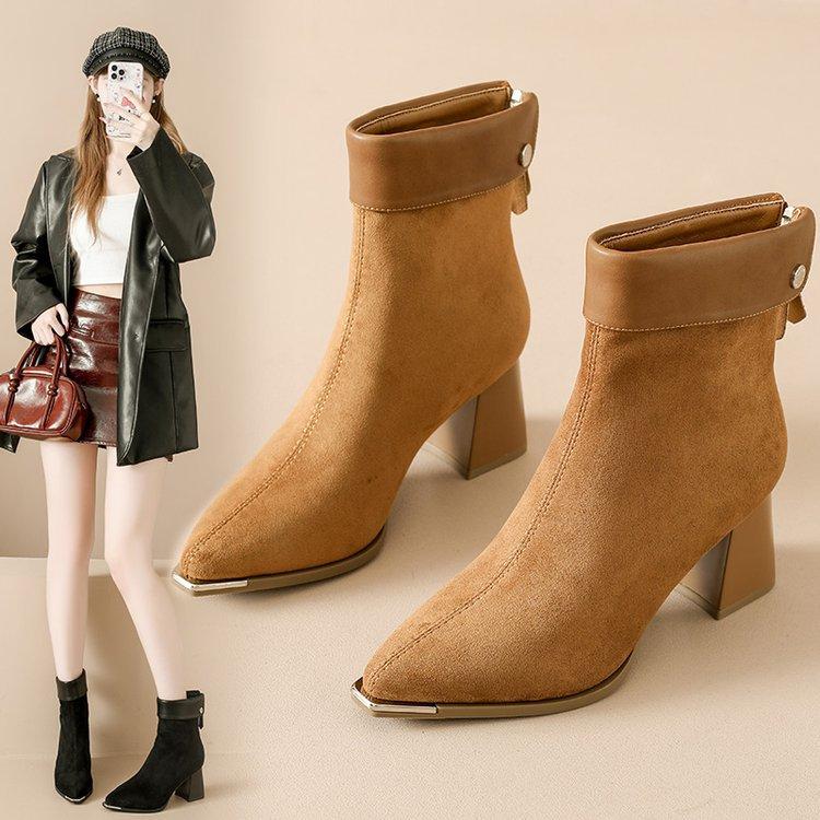 Retro Suede Splicing Pointed Thick Heel Short Boots Women's Winter New Thin Temperament Matte High Heel Fashion Boots 2025
