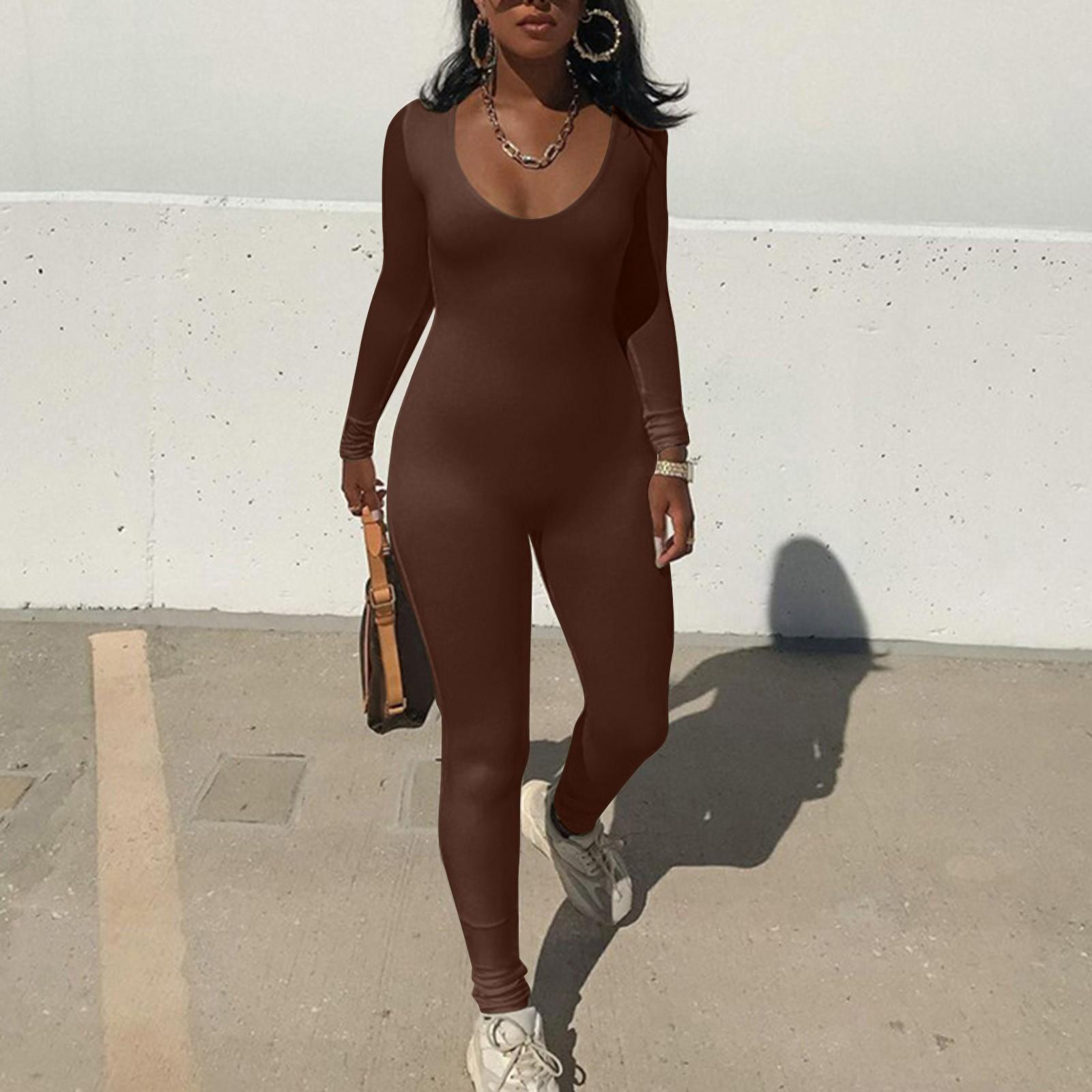

Жіночий комбінезон, однотонний сексуальний обтягуючий спортивний комбінезон з довгими рукавами на резинці M