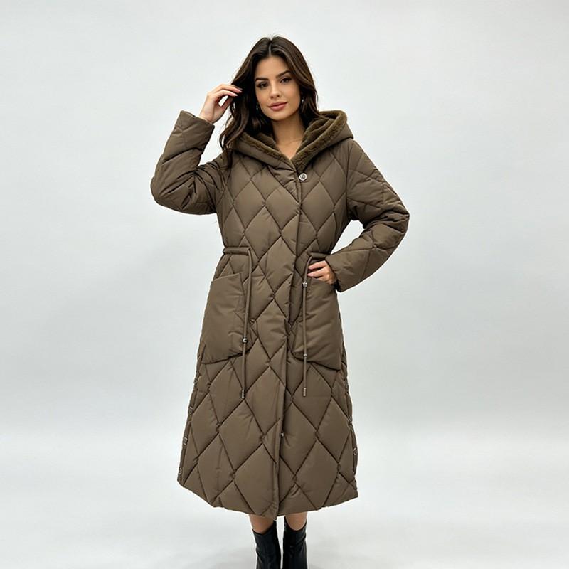 Womens Hooded Mid-Length Puffer Coat With Waist Cinching Rhombus Quilted Design Winter Warm Cotton-Padded Jacket