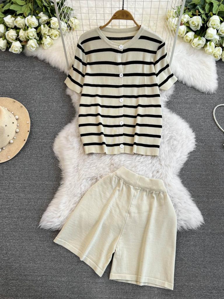 Summer Women Casual Knitted Sweater Pant Set Single Breasted Striped Tops and Shorts Chic Student Two Piece Suit