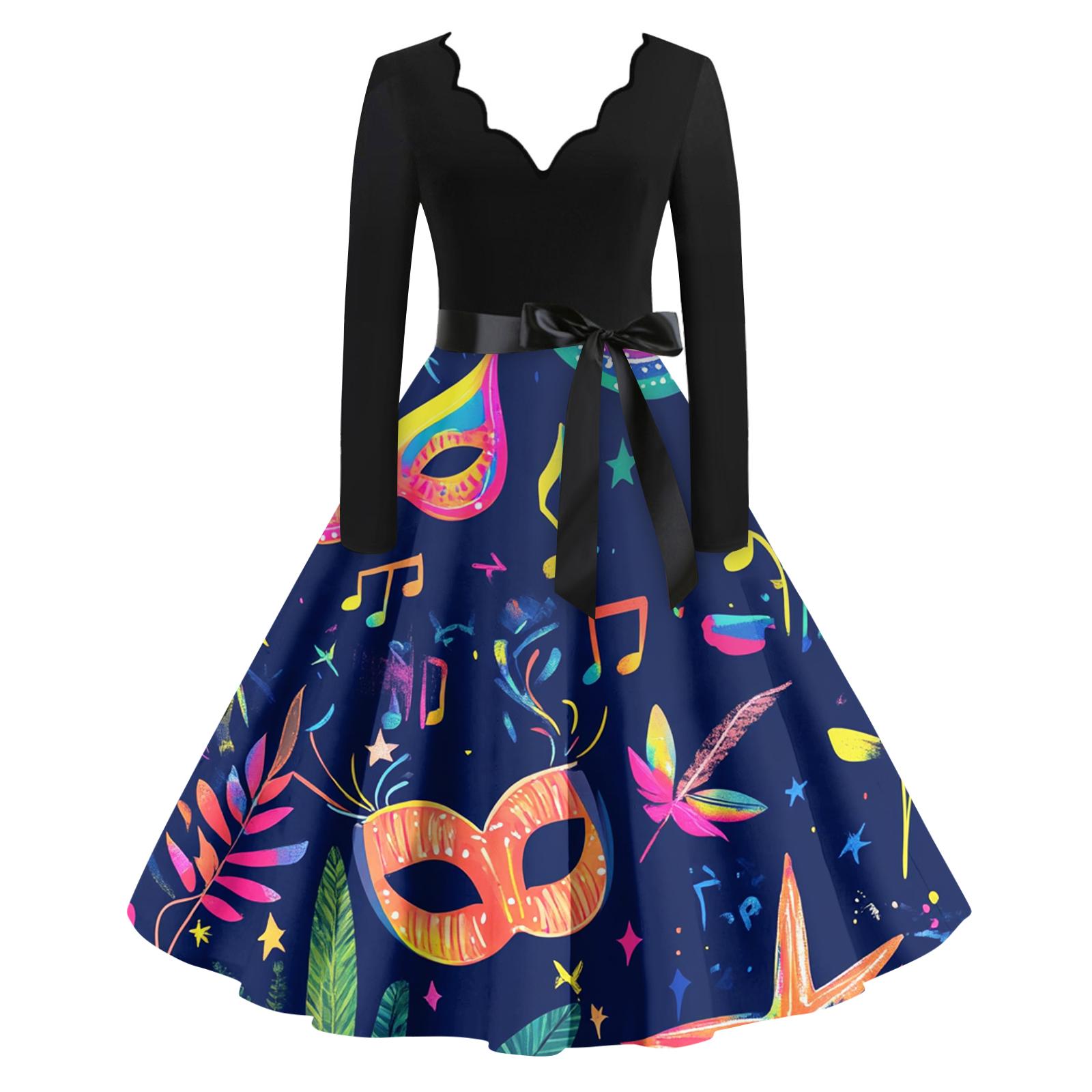 

Женское повседневное модное платье с V-образным вырезом и длинным рукавом с принтом в винтажном стиле XL