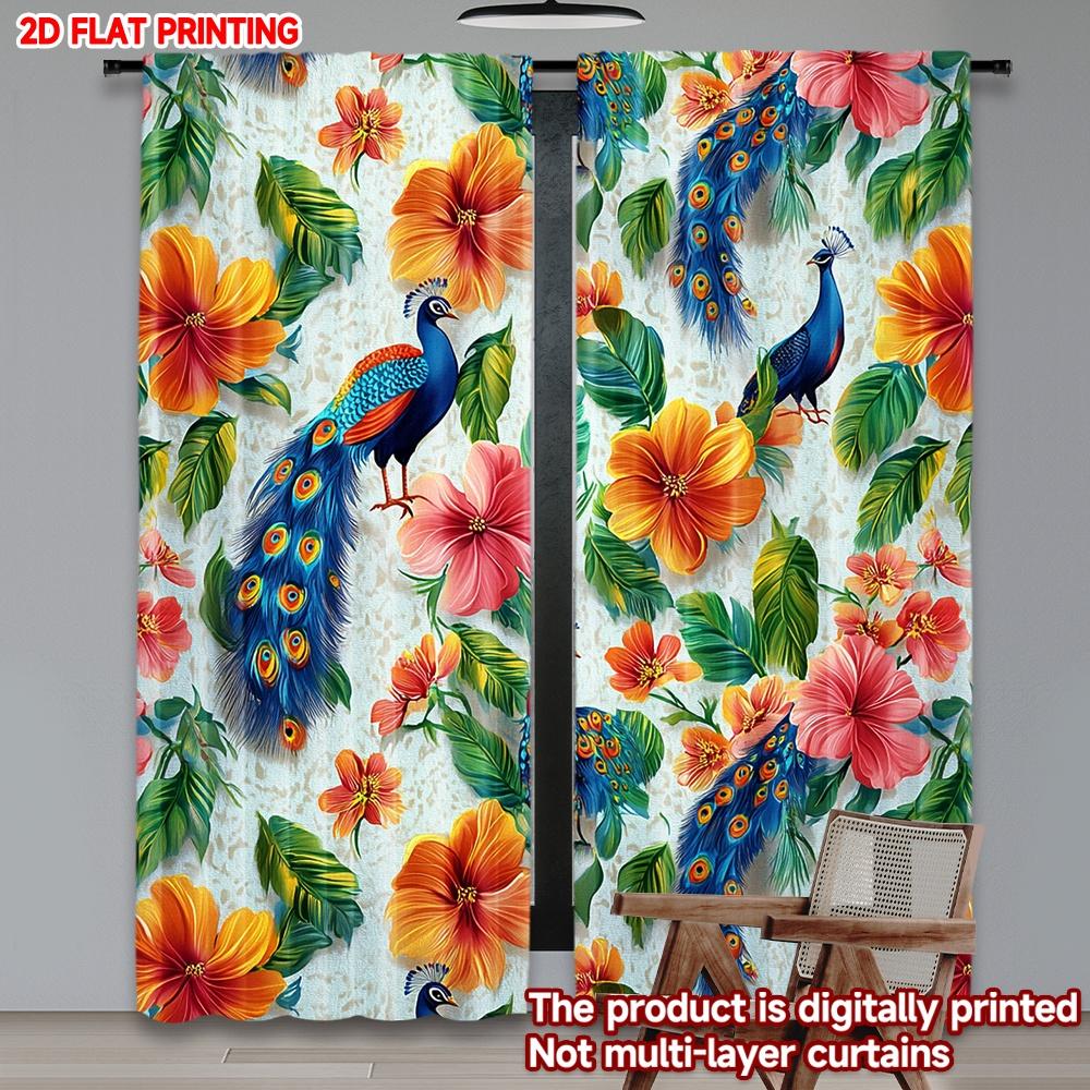 2D Flat Printing 2Pcs Curtain Window Treatment Curta Peacocks And Vibrant Flowers Digital Printed Polyester Drapes All Season
