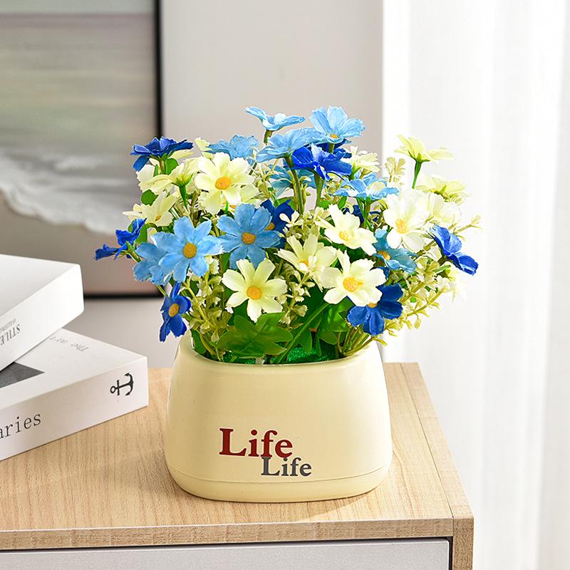 Living Room Decor: Artificial Sunflower and Green Plant Arrangements, Small Potted Plants, and Plastic Bouquets