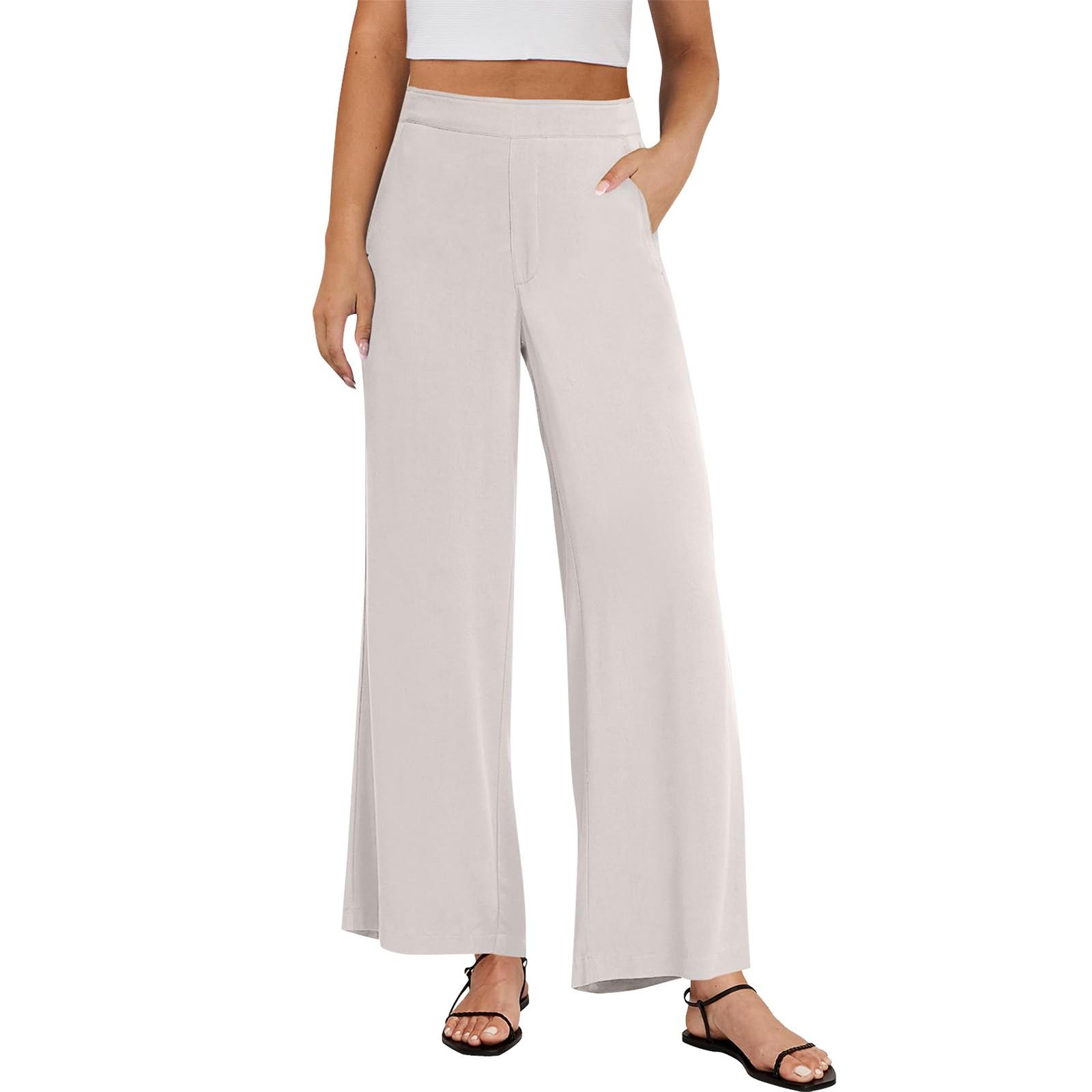 

Женские льняные брюки-палаццо, летние широкие брюки с высокой талией, повседневные свободные струящиеся рабочие брюки, брюки с карманом L белый