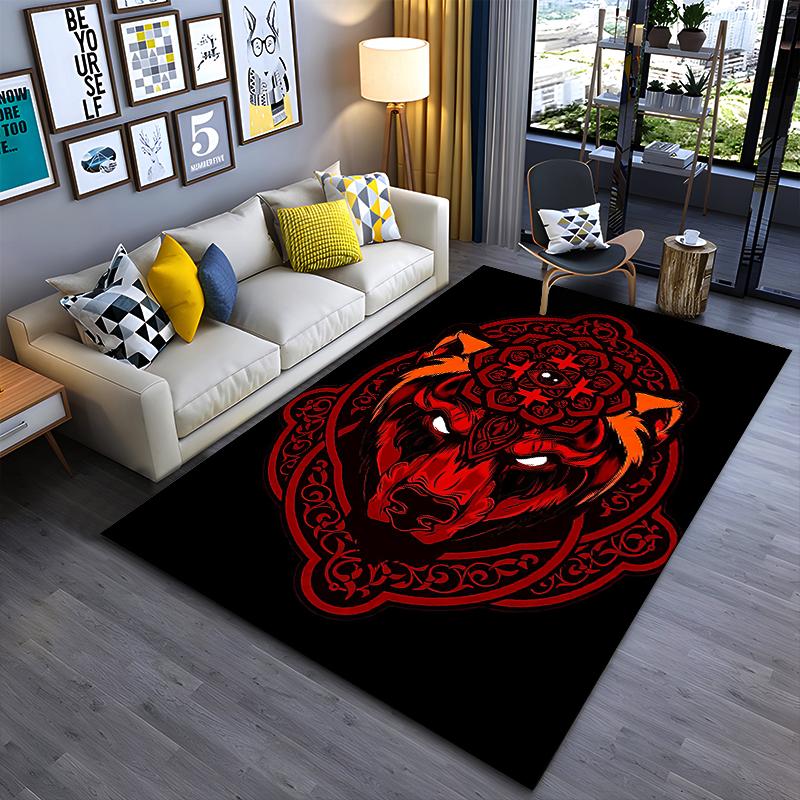 "Red Wolf Head Pattern Carpet with Mandala Design On Black Background" Suitable for Use As an Anti-slip for Living Room Bedroom Sofas
