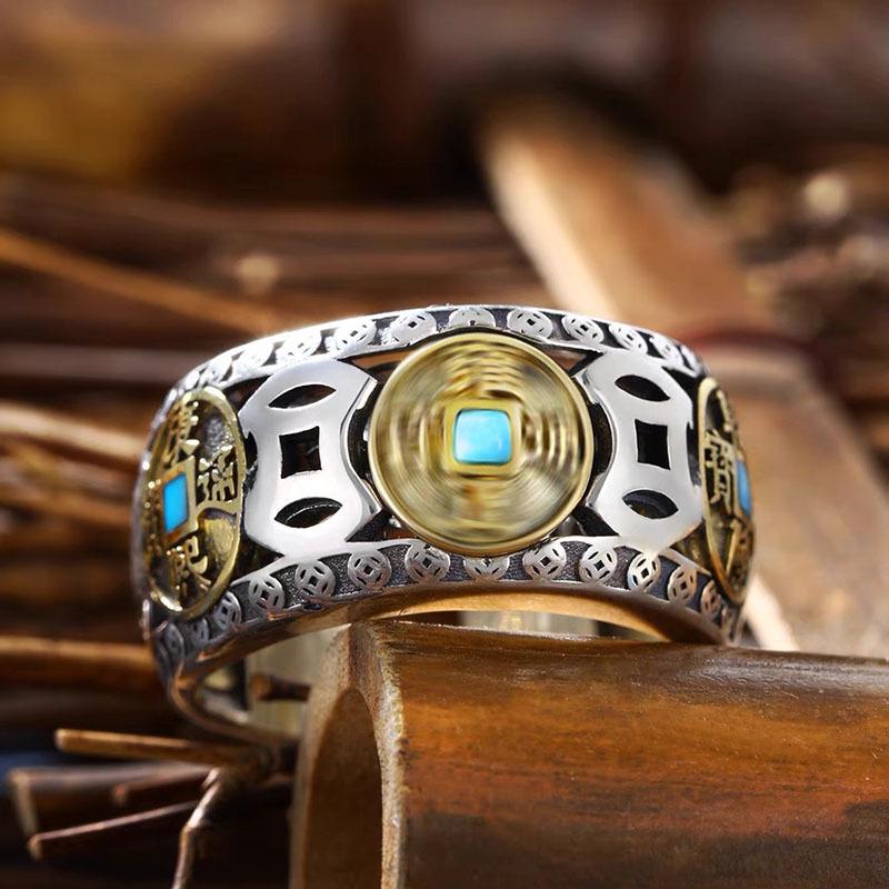 Men's Retro Five Emperors Rotating Coin Ring - Chinese Style Ethnic Open Index Finger Ring