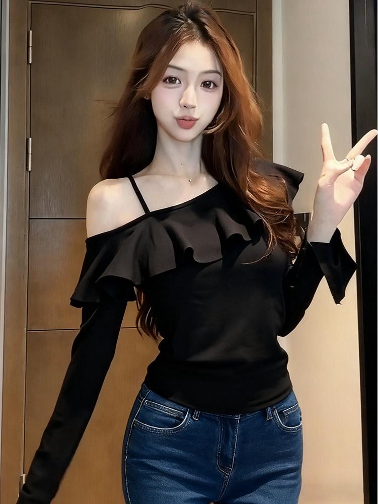 Asymmetrical Ruffled Off-Shoulder Sexy Long-Sleeve Pullover Top