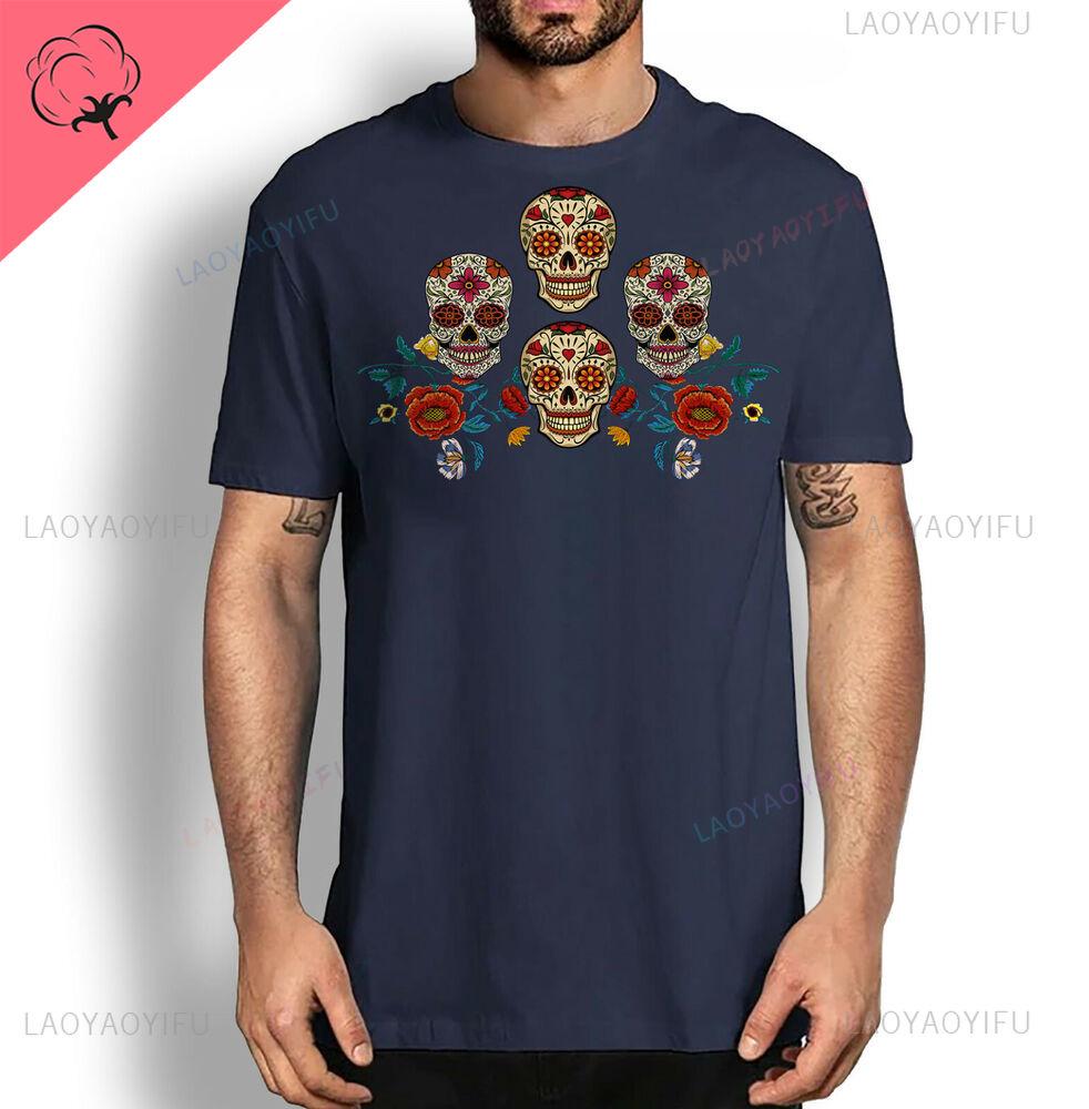 Day of Dead Floral Sugar Skulls Cotton Tee T Shirts Dia De Los Muertos Mens and Womens Graphic Tshirts Y2k Clothes Streetwear