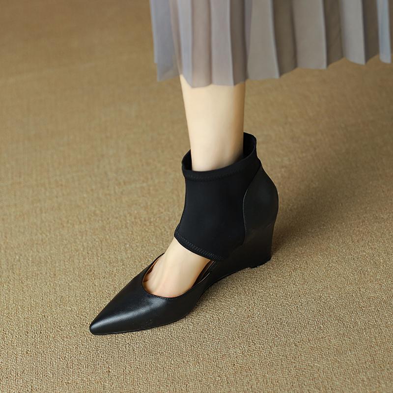 Fashion 2024 Spring Women Sandals Genuine Leather Shoes for Women Pointed Toe Wedges Heels Women Shoes Ladies Shoes High Heels