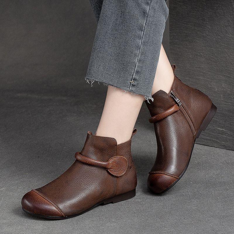 Mode Damen Lederstiefel 2025 Herbst-Winter Neu Plüsch Vintage Runde Spitze Flach Seitenreißverschluss Lässig Schlicht Damen Sneaker Damenschuhe