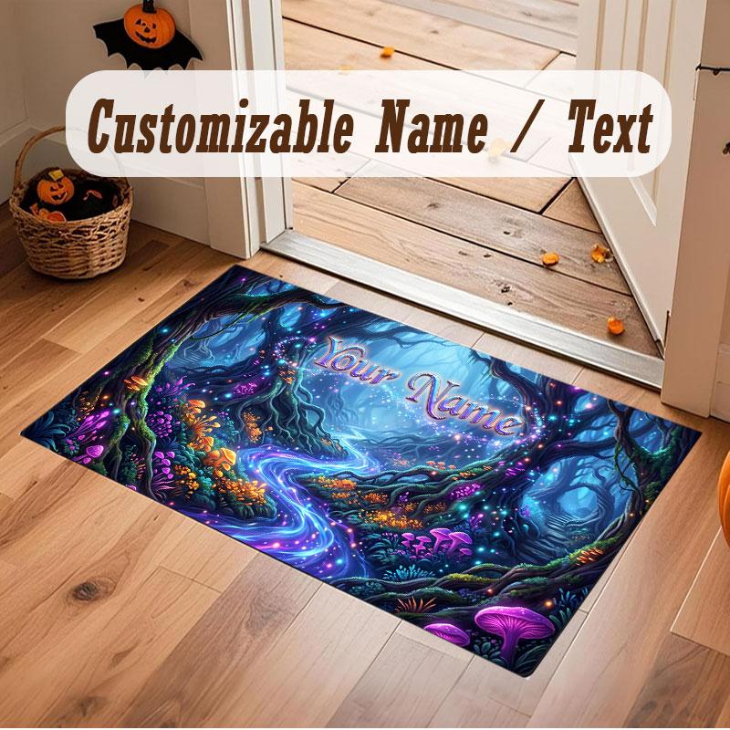 Mushroom Forest Theme Crystal Velvet Floor Rug Personalized Custom Name Text Warm Carpet Home Decoration