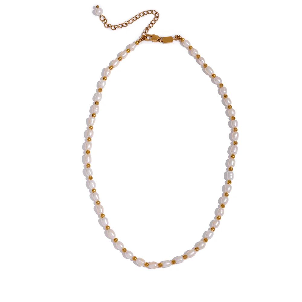 

Yhpup Natural Freshwater Pearls Stainless Steel Beads Waterproof Gold Color Necklace Women Fashion Handmade Jewelry Luxury Gift