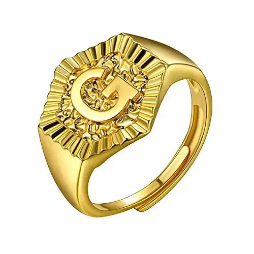 Hexagon Surface 3D Embossed A-Z Initial Letter Rings for Man Woman Adjustable Size A-Z 14k Gold Color Family Signet Jewelry
