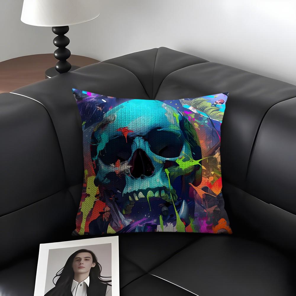 Colorful Skull Cool Cushion Cover Natural Linen Organic Fabric Double-Sided Printing Sofa Home Decor Gift Pillow Case