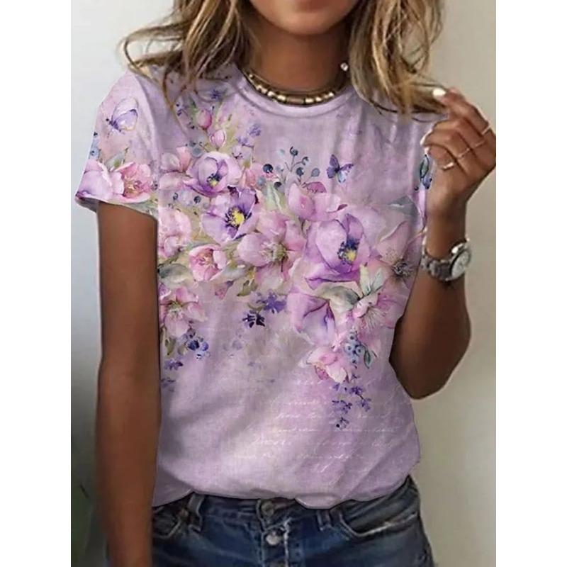 Summer Round Neck 3D Flowers Butterflies Dragonflies Pattern Print Top Fashionable Casual Short Sleeved Women's T-shirts