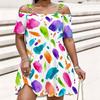 Women Plus Size Cold Shoulder Chain Strap Short Sleeve Printed Loose Casual Dress