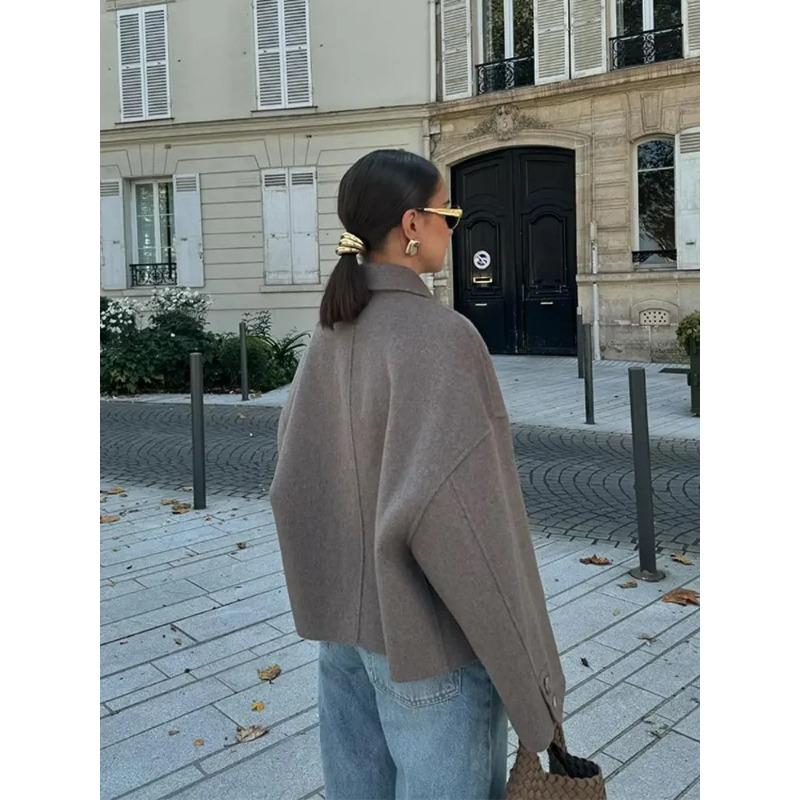 Grey Turndown Collar Single Breasted Coats for Women Elegant Long Sleeves Thick Wram Jacket Fashion Commute High Street Jackets