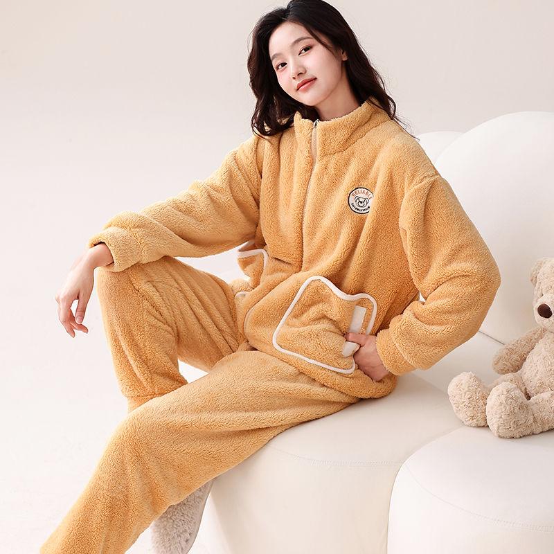 Pijamale de iarnă pentru damă, din lână coral, căptușită cu lână, cu guler îngroșat, set de pijamale pentru femei, pentru acasă, caldă.