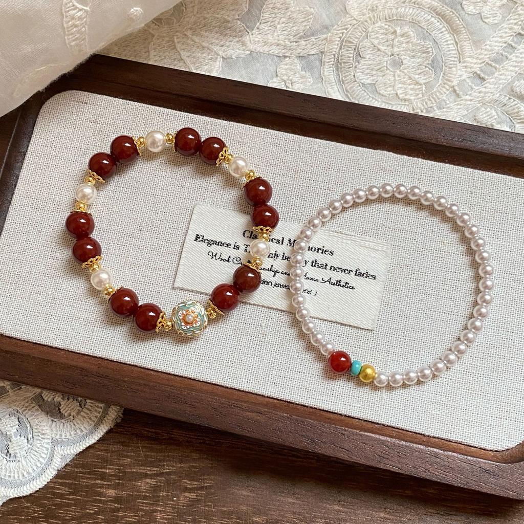 Handmade Red Crisp & Moon Amber Bracelet, New Chinese National Style Women Jewelry, Travel Souvenir