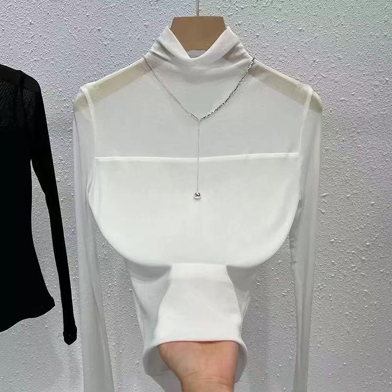 Women's Slim-Fit Velvet Base T-Shirt with Mesh Sleeves: Elegant Half-High Collar for Autumn/Winter