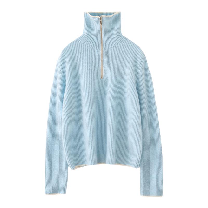 Women's Korean Style Half-Zip Cashmere Sweater - Loose, Slimming, Thickened Pullover with Turn-Down Collar for Autumn/Winter.
