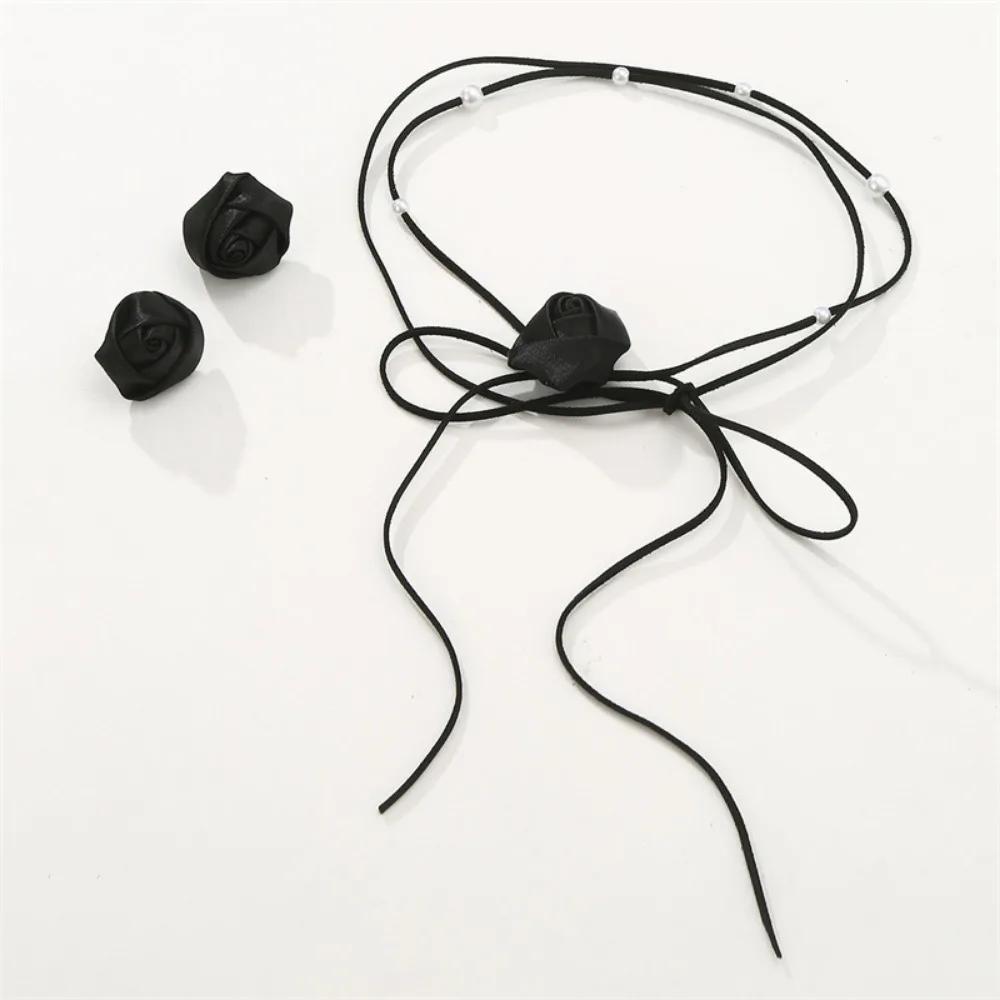Women Fashion Blue Denim Flower Choker Necklace Earrings Set Lace-up Rope Chain Jewelry Set чёрный