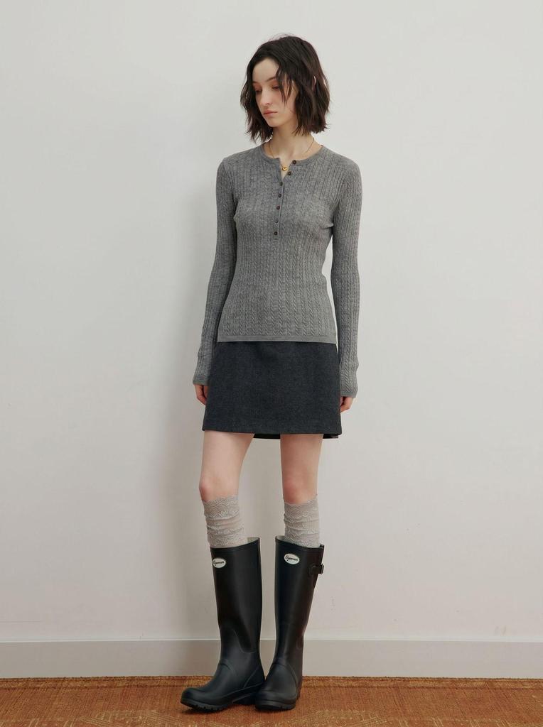 Women's Slimming Henley Wool Sweater: Retro Cable Knit, Jacquard Long Sleeve Top for Autumn & Winter