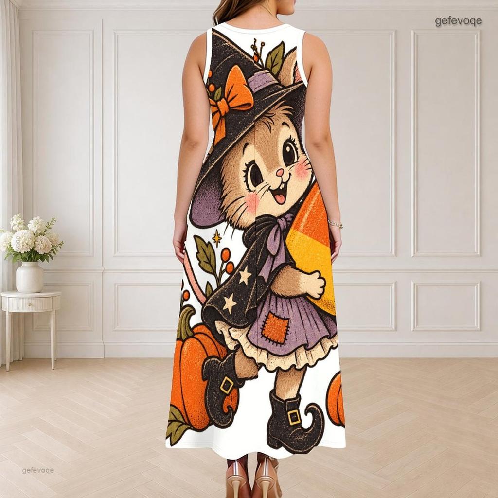 Women s Plus Size Round Neck Triple Keyhole Sleeveless Halloween Pumpkin Printed Long Dress