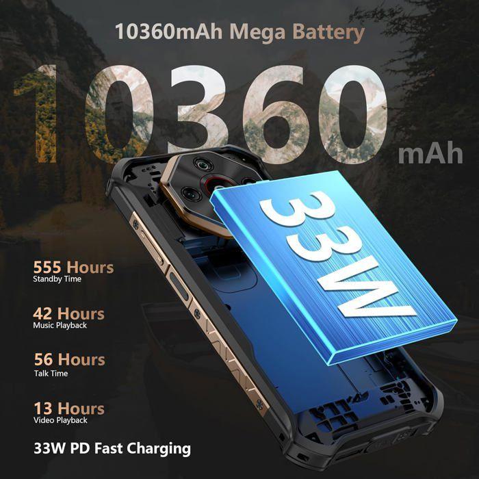 Smartphone Robuste 5G Ulefone Armor X16 Pro 16GO+256GO 6.56" 10360mAh 64MP Telephone Portable Incassable Android 15 NFC/GPS/AI Or