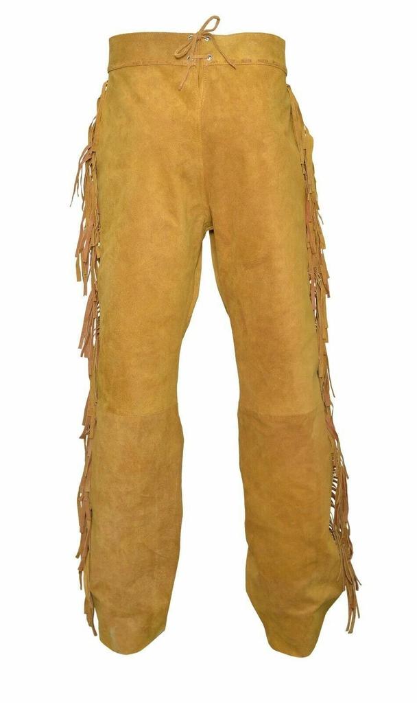 Calça Masculina Franjas Castanho Festa Camurça Macia Motocicleta Couro Genuíno 100% Pele de Cordeiro