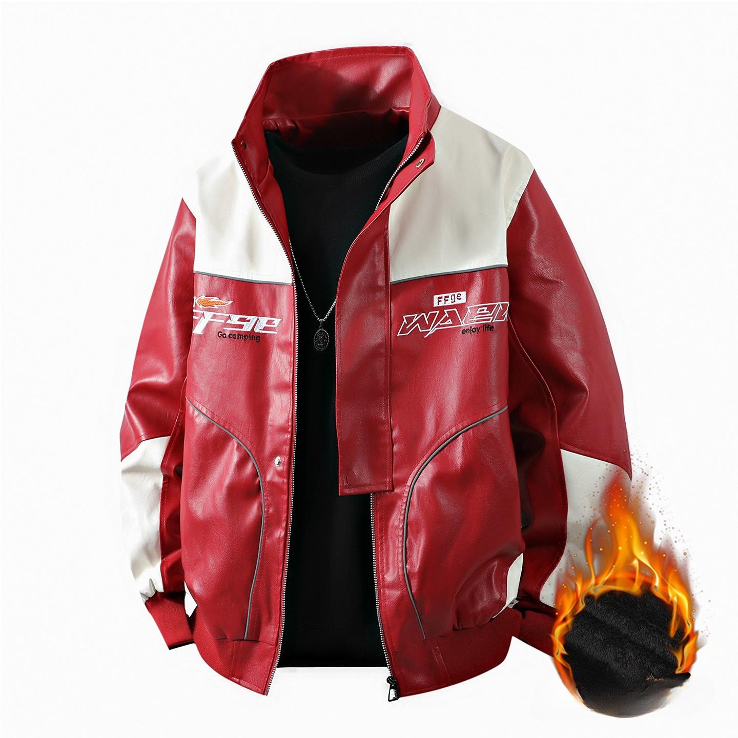 

New Men s Color-blocking PU Leather Jacket Motorcycle Suit Leather Jacket M красный