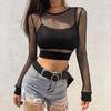 Beach Sexy Hollow Out Fishnet Long Sleeve Round Neck Women Slim Fit Crop Top
