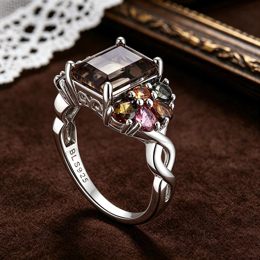 Natürlicher Rauchquarz, Turmal 925 Silberring für Damen, Eleganter Luxus Edelsteinschmuck, Jubiläumsbankett, Hochzeitsgeschenk
