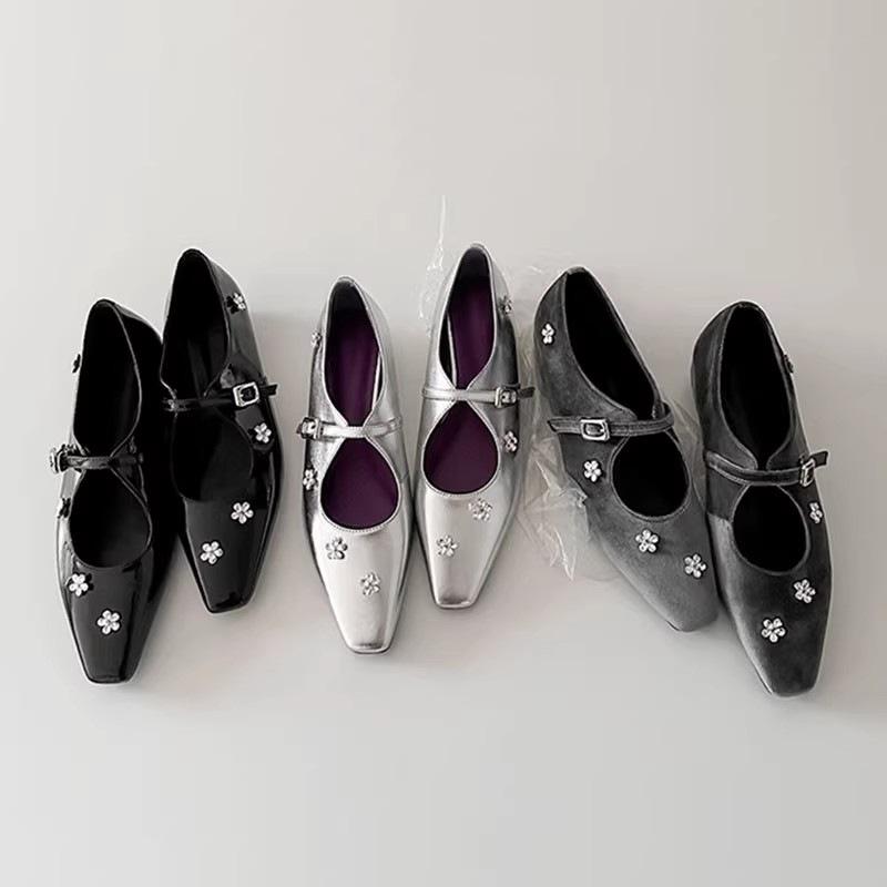 Sheepskin Version~ French Rhinestone Flower Inner Height Increase Small Square Head Light Mouth Single Shoes Women's Word with Silver Mary Jane Shoes