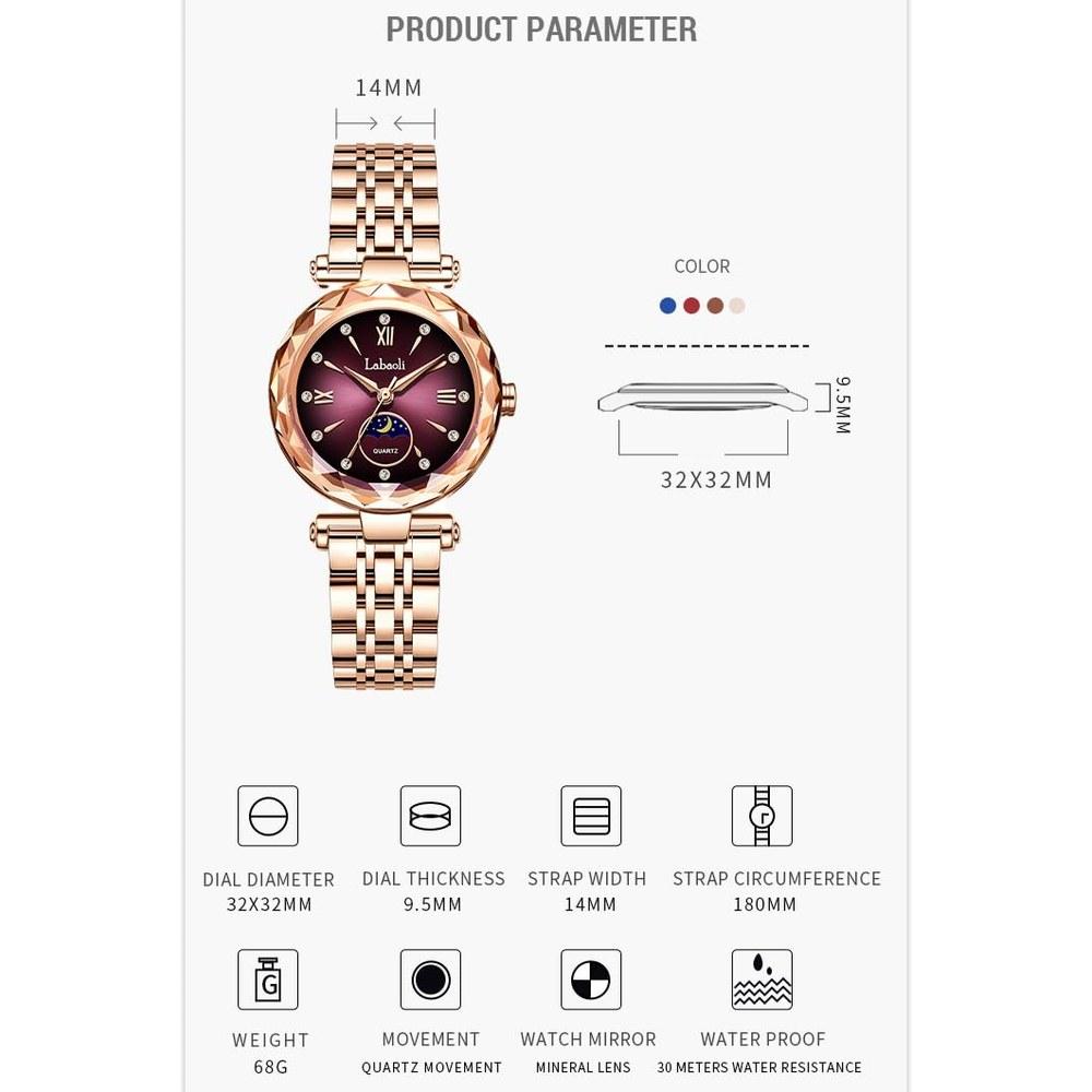 Deselon Rose Gold Women's Wristwatch Crystal Waterproof Stainless Steel Luxury Cute Gift Purple