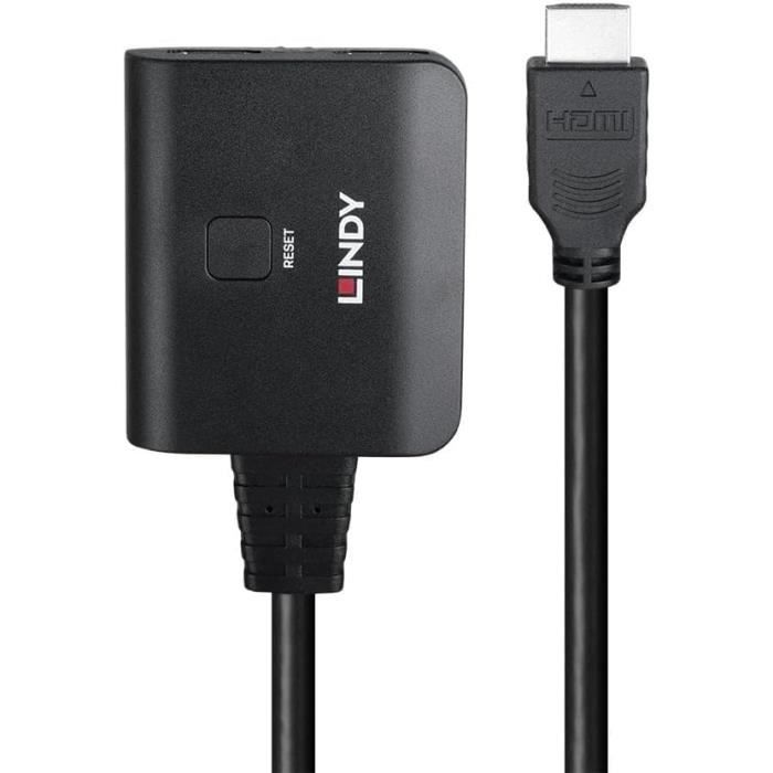 Câble Splitter HDMI - LINDY - 4K60 - 2 Ports - HDCP 2.2 - Connecteurs Plaqués Or