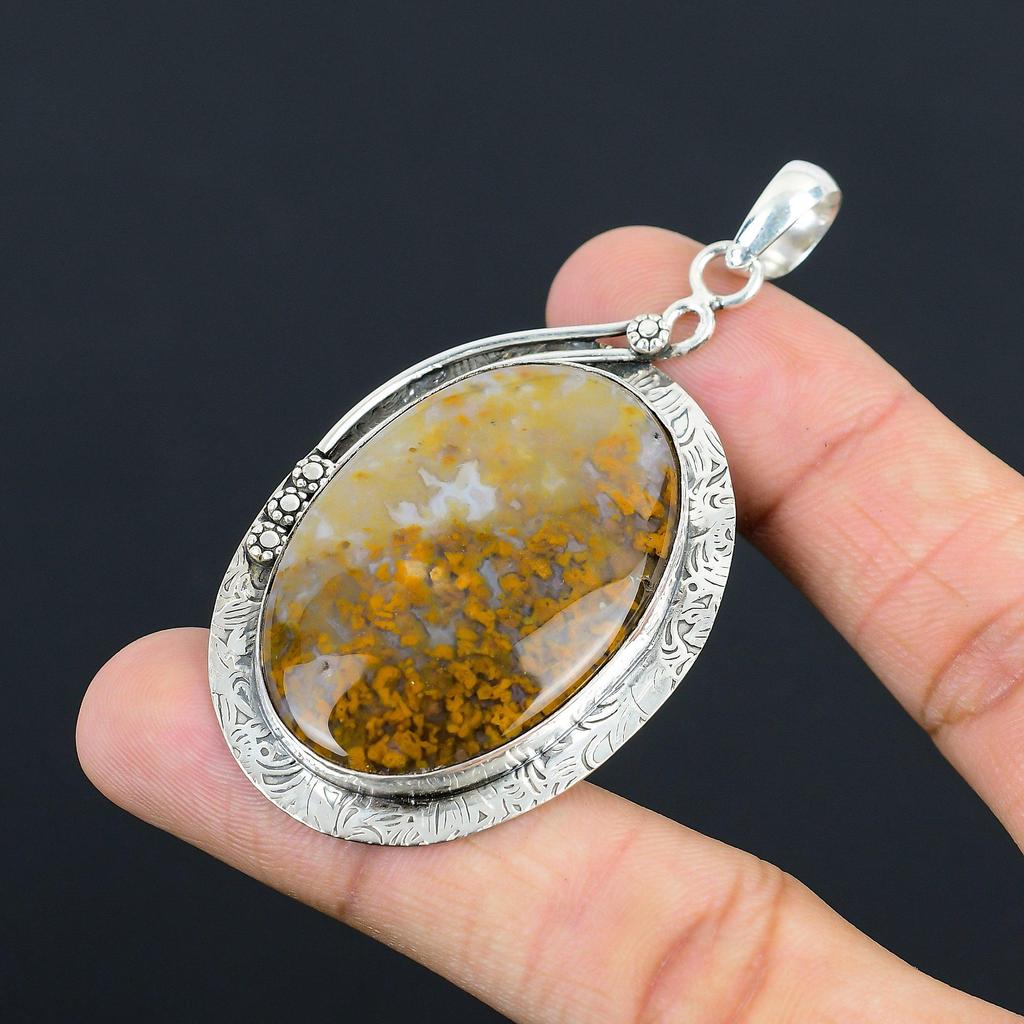 925 Sterling Silver Oval Natural Plume Agate Engagement Sister Pendant Jewelry