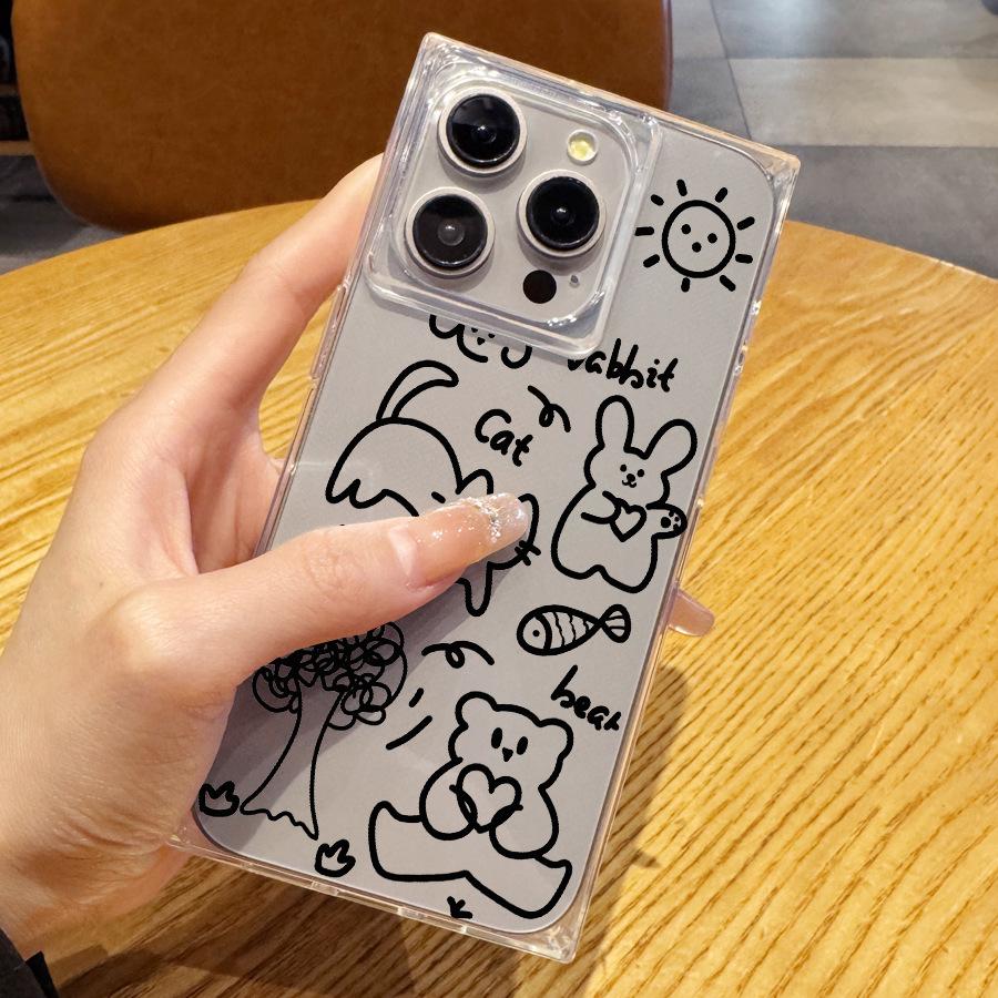 Creative Sweet Cool Line Cartoon Graffiti Right Angle Straight Edge 15 Phone Case for Iphone 16 Promax 15 14 Plus 13 Pro Max 12 11 Plus 12 11 Pro Max