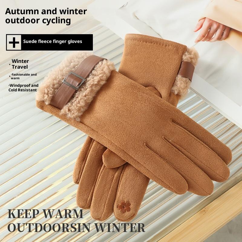 Fashion Suede Women Fleece Gloves Thick Warm Touch Screen Cycling Mittens Windproof Cold Protection Outdoor Ski Gloves