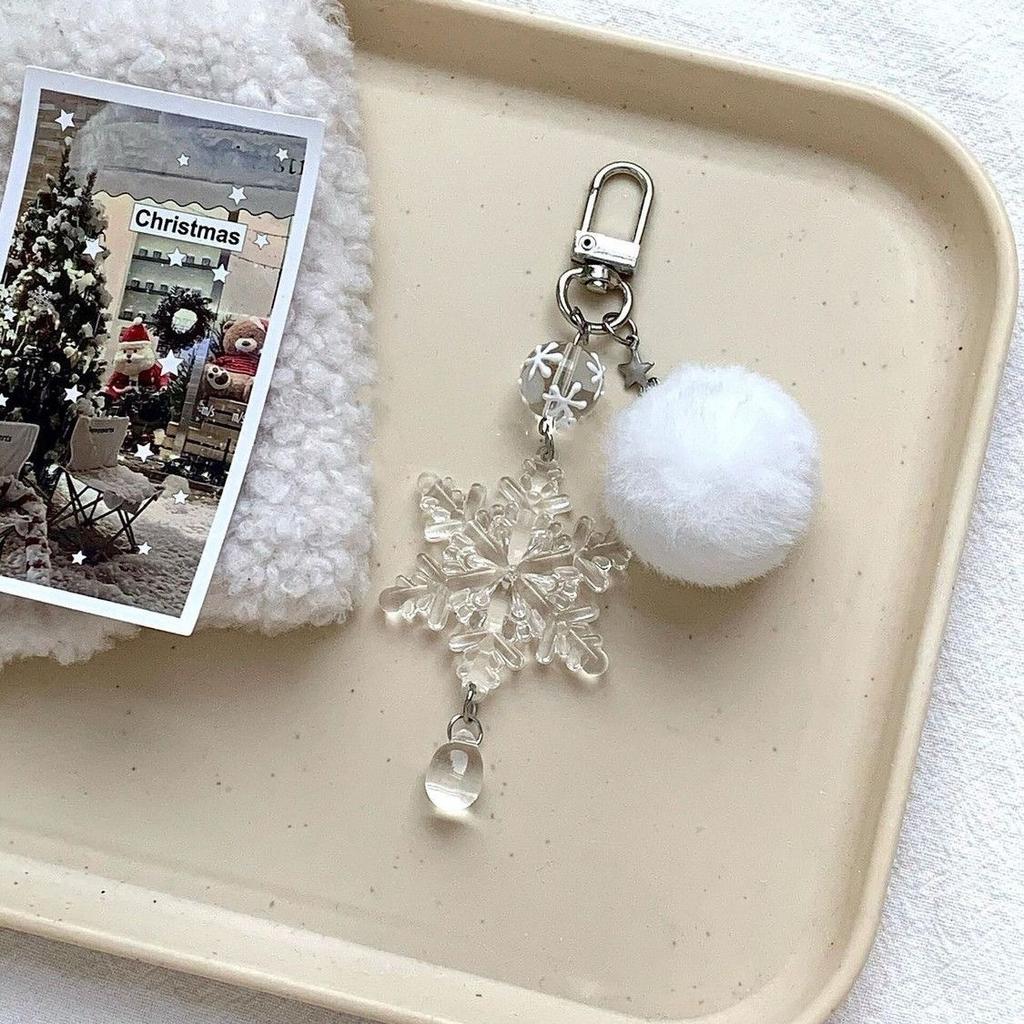 Snowflake Phone Charm Winter White Fur Ball Glass Clear Star Bead Cellphone Strap Keychain Wallet Camera Schoolbag Decor Jewelry