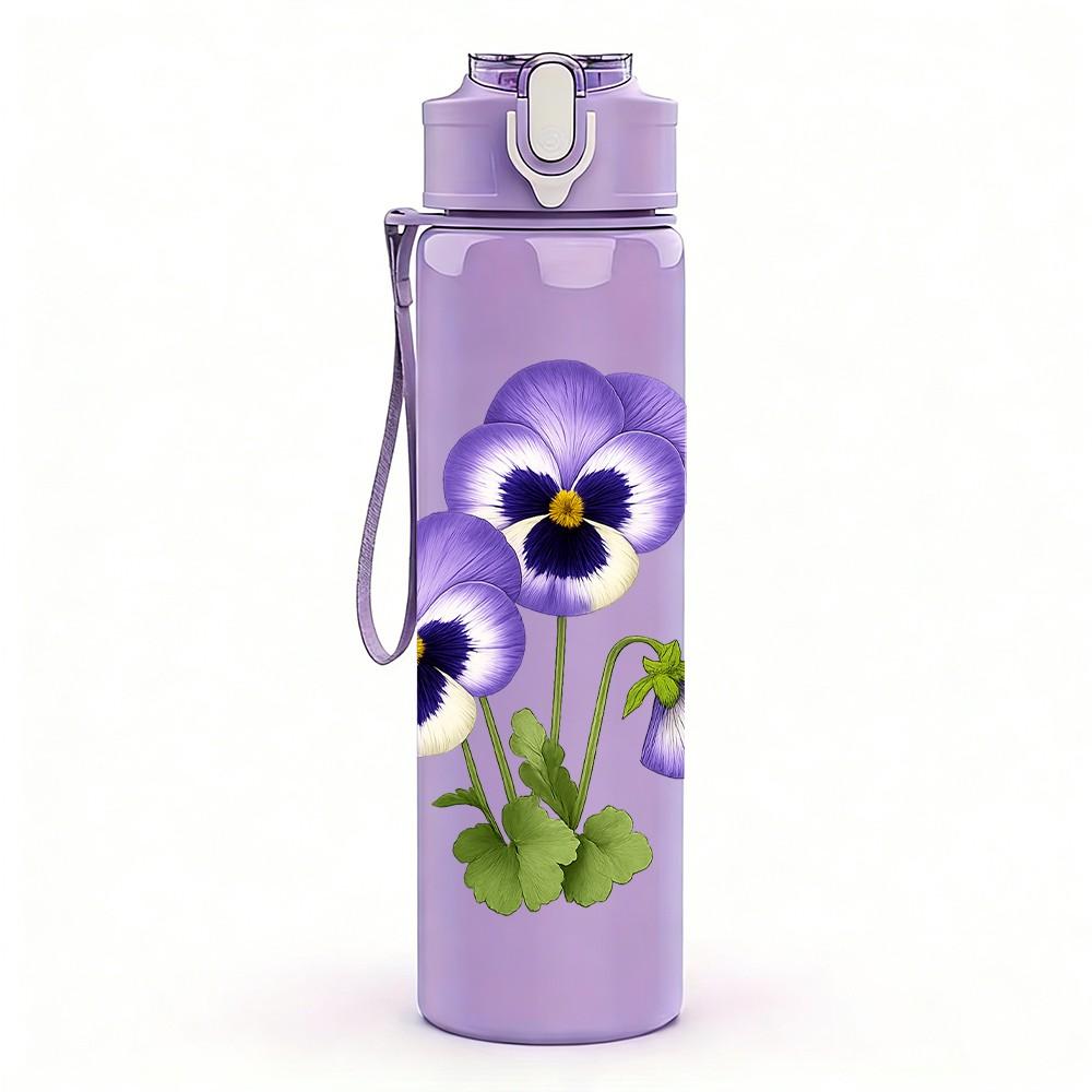 1PC Purple Pansy Flower Bouquet 750ml Color Plastic Sports Water Bottle Leakproof Flip Straw Lid Suitable for Sports Office Home Use