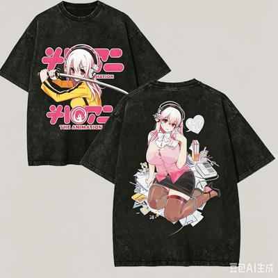 Super Sonico Washed T-shirt Anime Lover Harajuku New Model Unisex Oversized Vintage Loose Streetwear Y2k Short Sleeves Classic