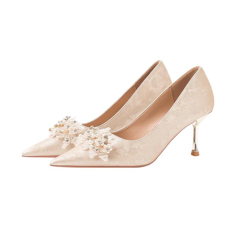 Fashion Shiny Crystal Buckle Luxury Wedding Shoes Women 2024 New Slip On High Heels Pumps Woman Pointed Toe Thin Heeled Party Shoes