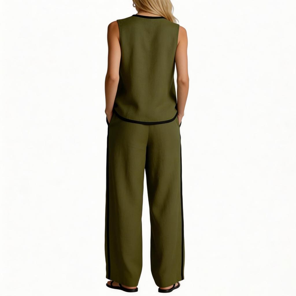 Women's Casual Two Piece Set Sleeveless V Neck Top with Button Detail and Wide Leg Pants with Side Stripe Contrast Trim