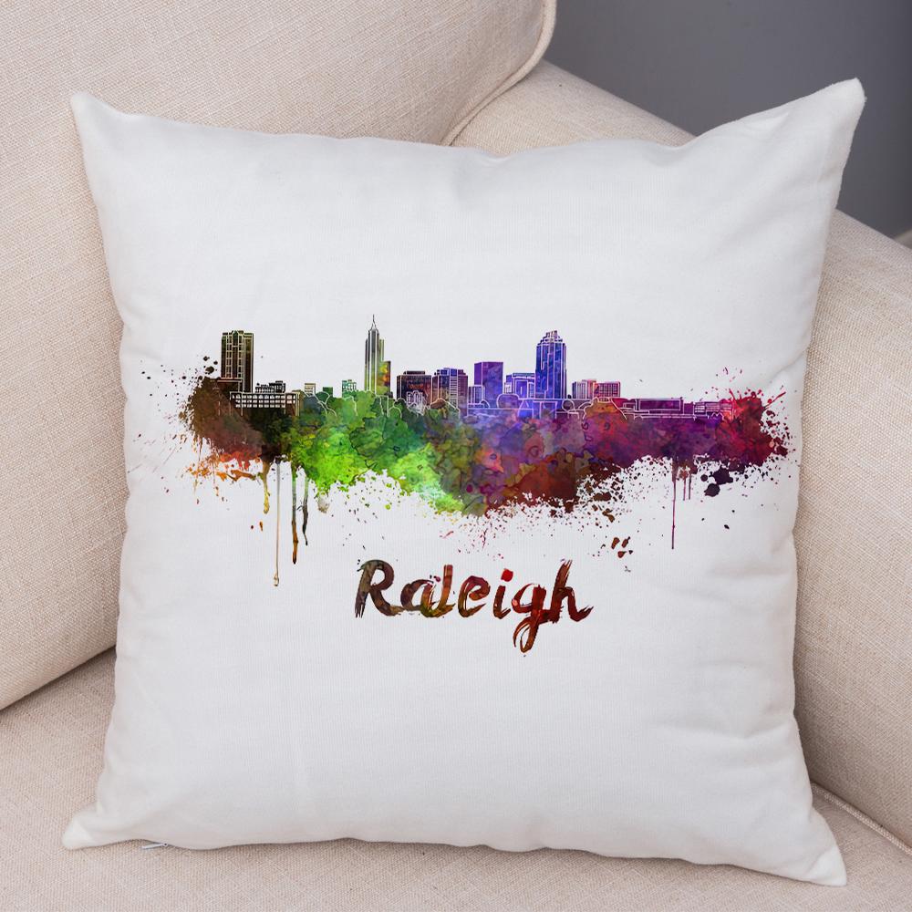 Watercolor City Skyline Cushion Cover Global Landmarks Art Print Soft Linen Living Room Bedroom Home Decor Pillow Case