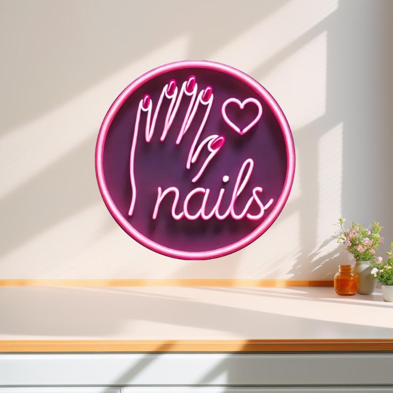Pink Round Neon Nail Art Glow Wall Hanging Sign Non-Electric Sticker for Commercial Nail Bar Home Decor