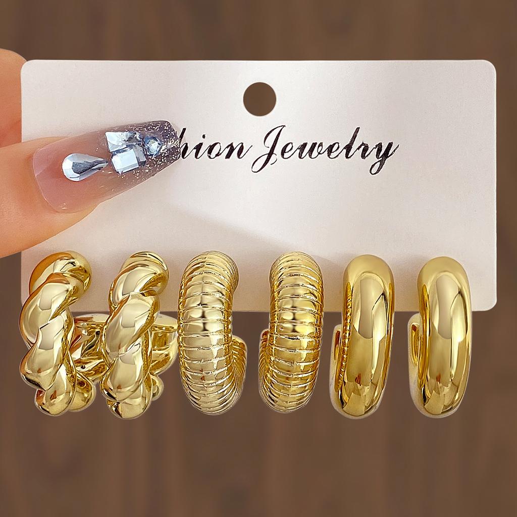 6Pcs Vintage Smooth Water Drop C-Earrings Set for Women Geometric Gold Color Circle Hoop Earring Zircon Ear Studs Jewelry Gifts