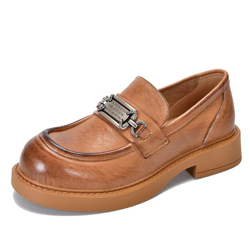 

Johnature Лоферы с металлической пряжкой, туфли-лодочки из натуральной кожи, британская универсальная женская обувь на низком каблуке с круглым носком 36 жёлтый