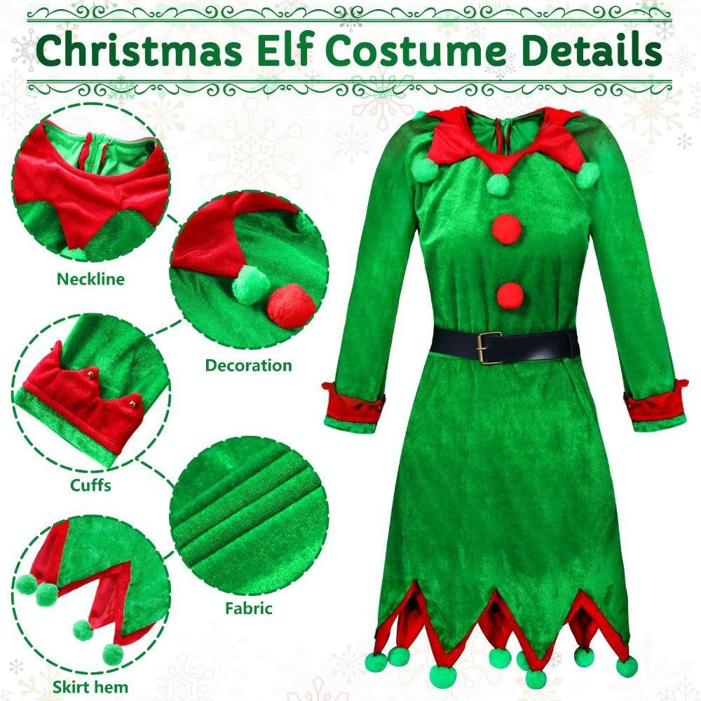 6 Pack Christmas Elf Costume Velvet Xmas Suit Christmas Cosplay Clothing Green Parent-Child Girl Fancy Dress Christmas Cosplay