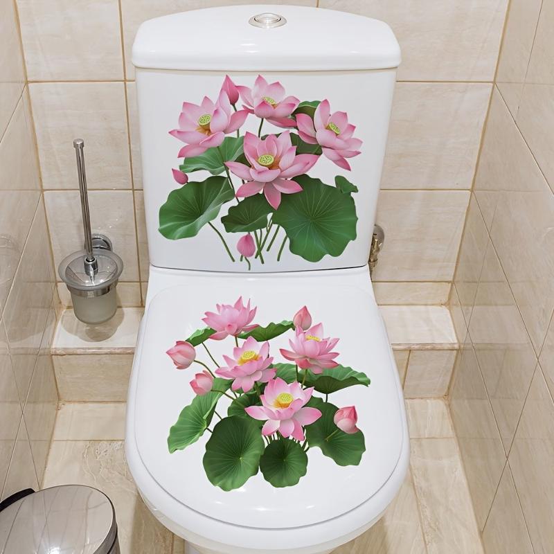 Floral Toilet Sticker Waterproof Easy to Clean Self-Adhesive Toilet Lid Wall Decal for Home Bathroom Decor